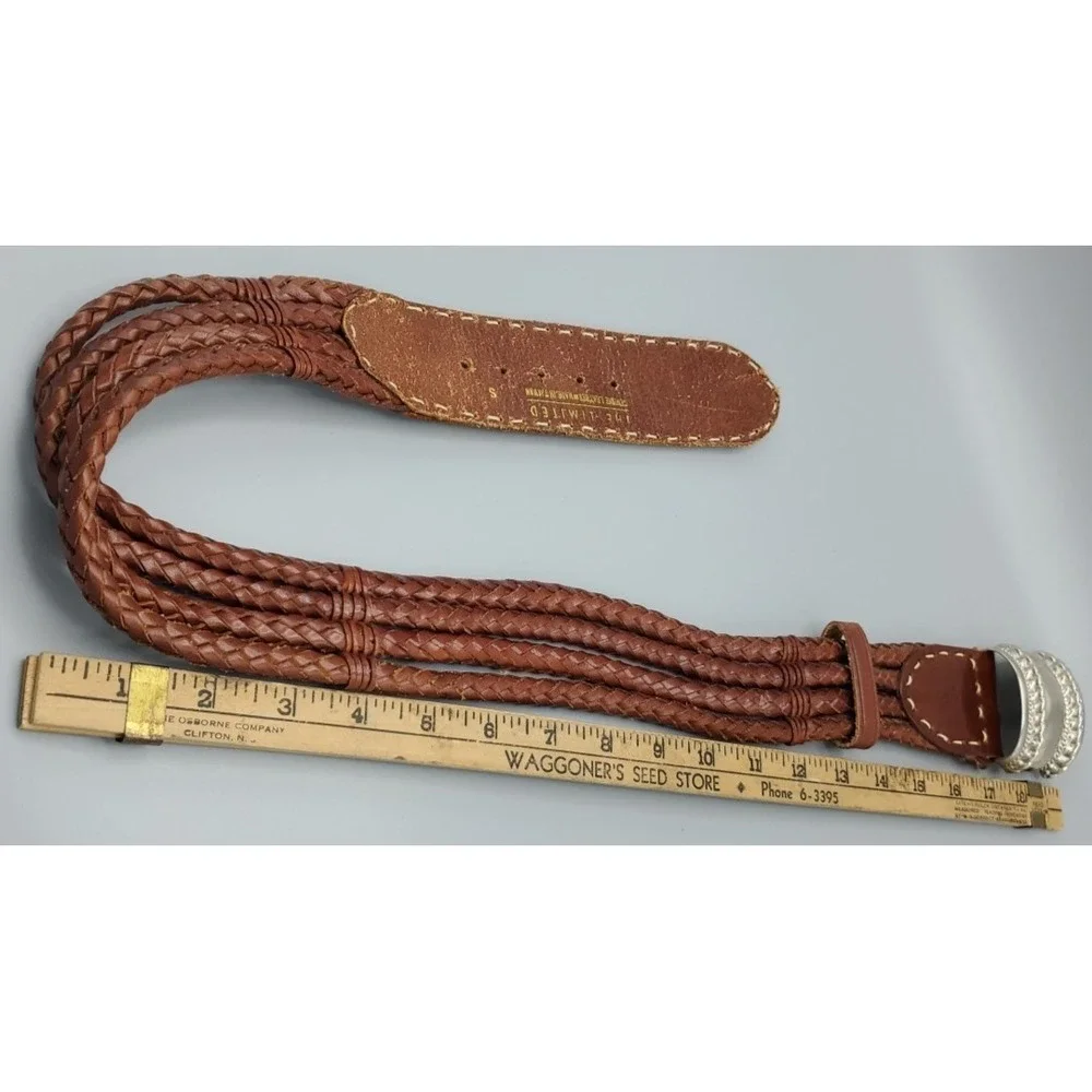 VTG The Limited Western Brown Leather Braided Women Small Belt Silvertone Buckle
